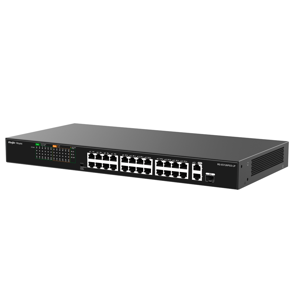 REYEE RG-ES126FGS-LP - Reyee Switch PoE Enracable - 24 Puertos RJ45 + 1 Uplink RJ45 + 1 SFP Combo - 24 Puertos 10/100Mbps + 2 Puertos 10/100/1000Mbp - 24 Puertos PoE+ 802.3af/at | Potencia total 180W - Aislado de Puertos / Flow Control - Plug and Play - imagen 1