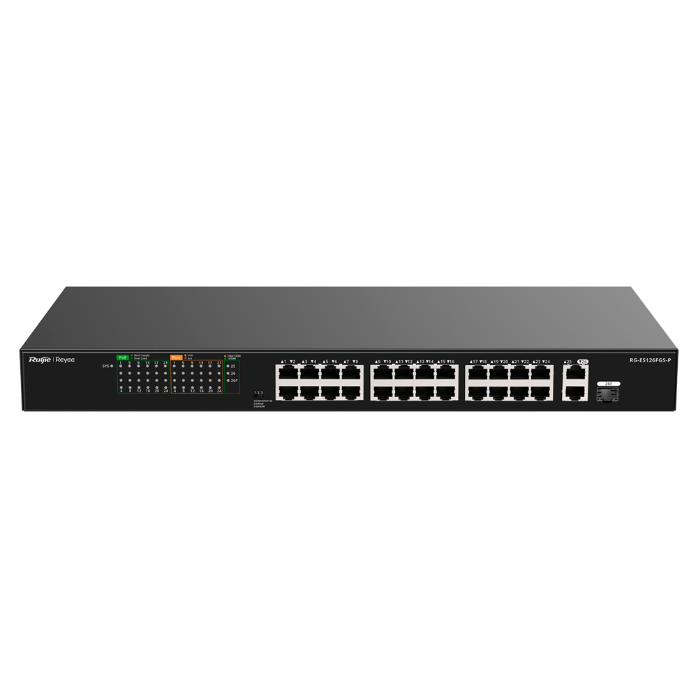REYEE RG-ES126FGS-P - Reyee Switch PoE Sobremesa - 24 Puertos RJ45 + 1 Uplink RJ45 + 1 SFP Combo - 24 Puertos 10/100Mbps + 2 Puertos 10/100/1000Mbp - 24 Puertos PoE+ 802.3af/at | Potencia total 370W - Aislado de Puertos / Flow Control / PoE Watchdog - Plu - imagen 1