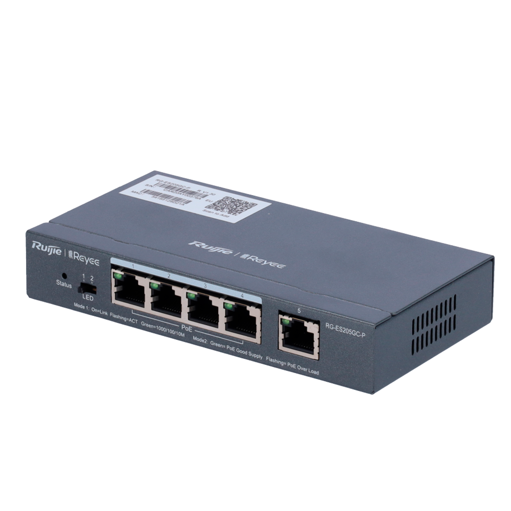REYEE RG-ES205GC-P - Ruijie Reyee Cloud Managed L2 PoE Switch - 4 Puertos Gigabit PoE/PoE+ + 1 Uplink Gigabit - Potencia PoE+ de 30W por puerto / Total 54W - Sistema PoE Watchdog para autoreinicio de cámaras - Interruptor DIP físico para monitoreo LED dua - imagen 1