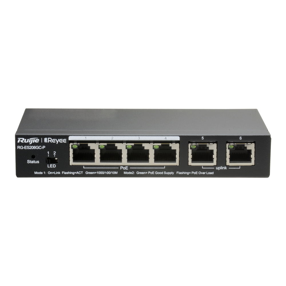 REYEE RG-ES206GC-P - Ruijie Reyee Cloud Managed L2 PoE Switch - 4 Puertos Gigabit PoE/PoE+ + 2 Uplinks Gigabit - Potencia PoE+ de 30W por puerto / Total 54W - Sistema PoE Watchdog para autoreinicio de cámaras - Interruptor DIP físico para monitoreo LED du - imagen 1