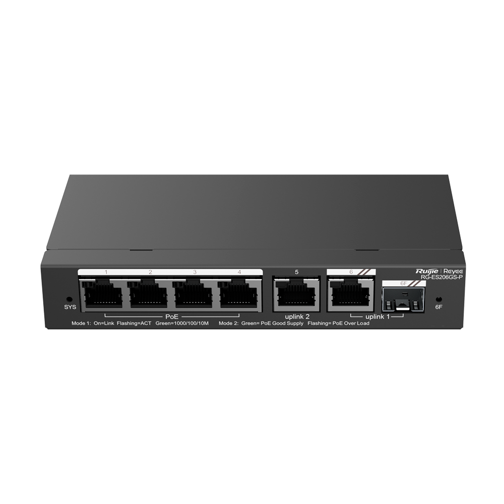 REYEE RG-ES206GS-P - Ruijie Reyee Cloud Managed L2 PoE Switch - 4 Puertos Gigabit PoE/PoE+ + 1 Enlace Combo GE - Ranura SFP Gigabit para enlaces de fibra óptica - Potencia PoE+ de 30W por puerto / Total 54W - Sistema PoE Watchdog para autoreinicio de cáma - imagen 1