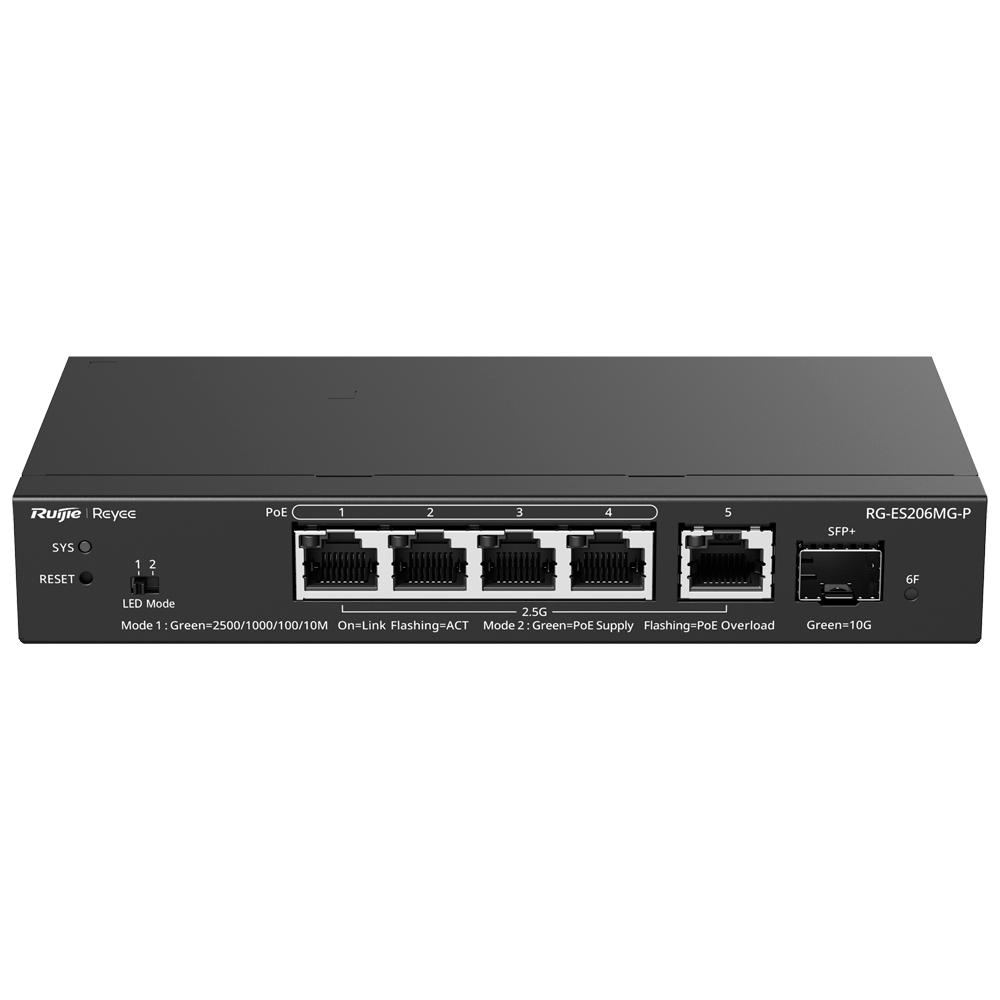 REYEE RG-ES206MG-P - Ruijie Reyee Cloud Managed L2 Switch - 4 Puertos 2.5G PoE/PoE+ + 1 Uplink RJ45 2.5G - 1 Ranura SFP+ de 10 Gbps para fibra óptica - Potencia PoE+ de 30W por puerto / Total 70W - Sistema PoE Watchdog para autoreinicio de cámaras - Gesti - imagen 1