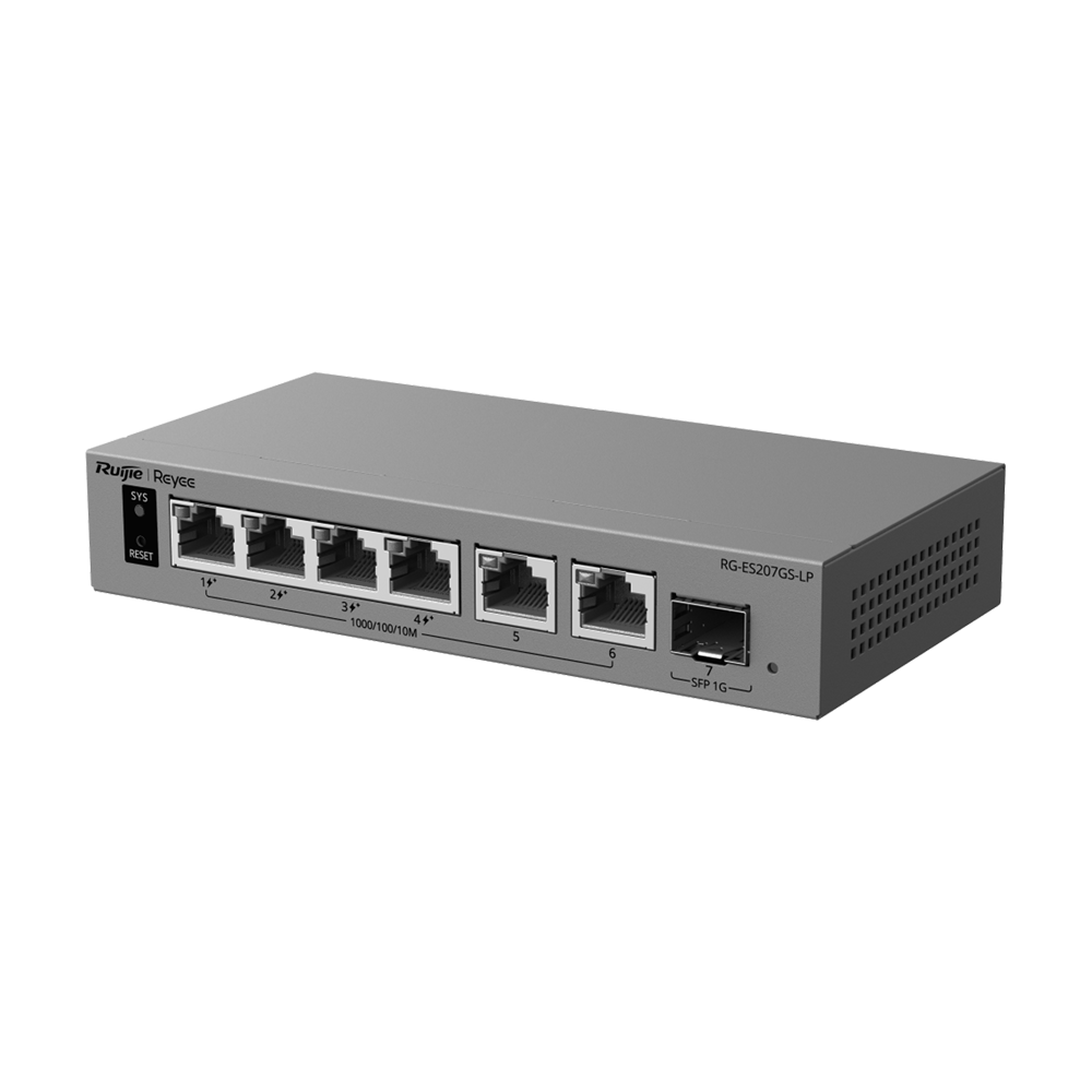 REYEE RG-ES207GS-LP - Ruijie Reyee Cloud Managed L2 PoE Switch - 6 puertos Gigabit y 1 ranura SFP de subida - 4 puertos PoE/PoE+ con presupuesto de 40 W - PoE Watchdog y suministro ininterrumpido - Gestión remota con Ruijie Cloud y App Reyee - Chasis metá - imagen 1