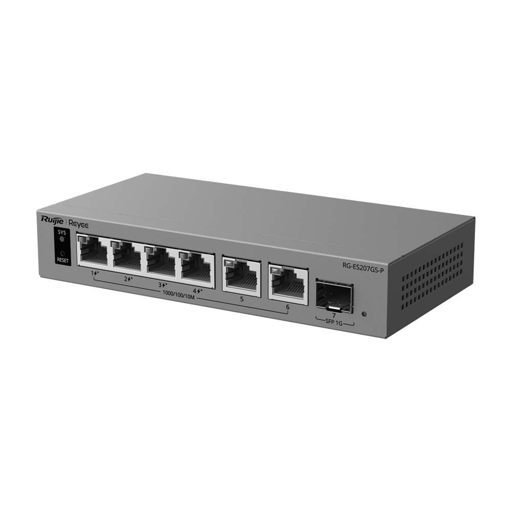 REYEE RG-ES207GS-P - Ruijie Reyee Cloud Managed L2 PoE Switch - 6 puertos Gigabit y 1 ranura SFP de subida - 4 puertos PoE+ con presupuesto total de 54W - PoE Watchdog y suministro ininterrumpido - Gestión gratuita desde Ruijie Cloud y App - Protección co - imagen 1