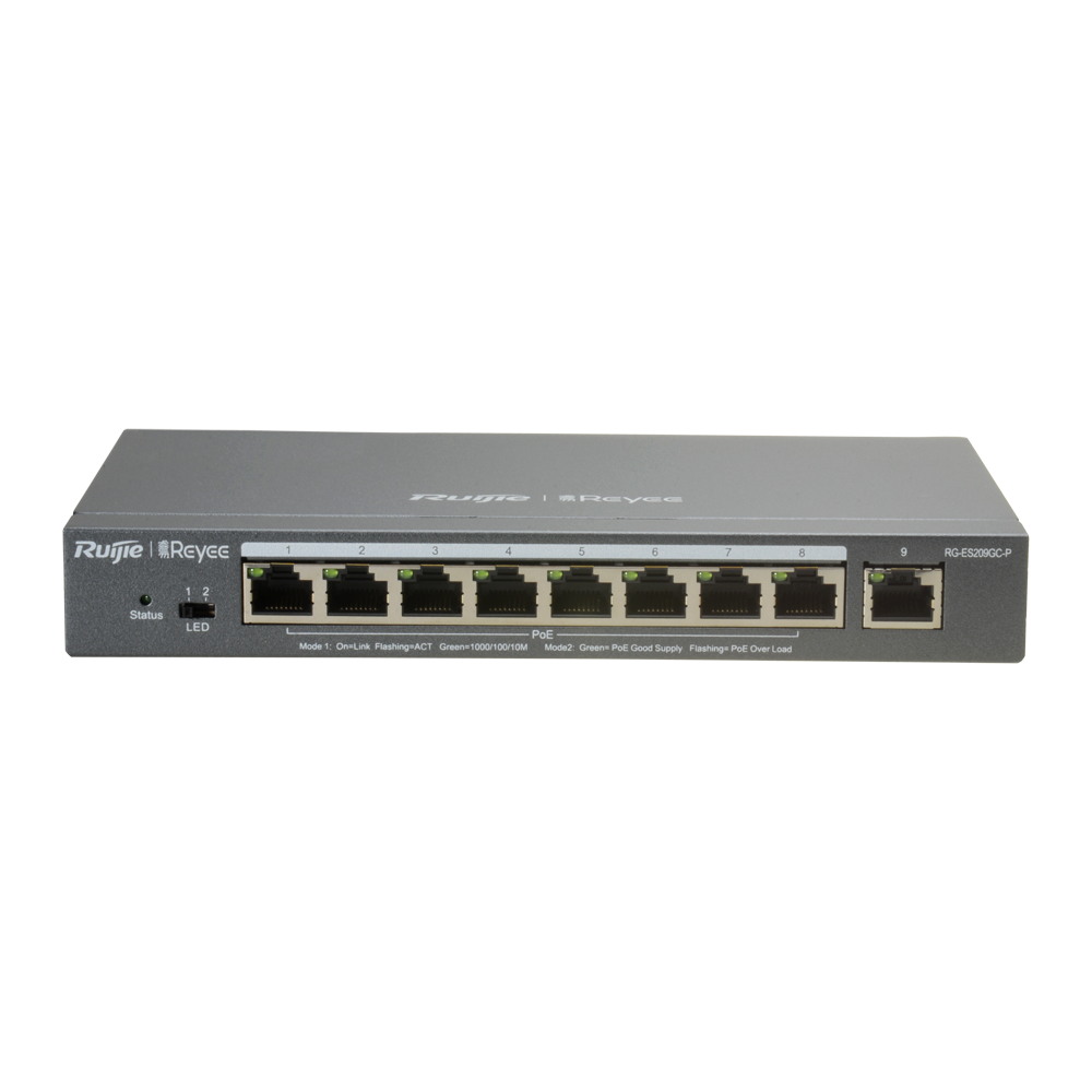 REYEE RG-ES209GC-P - Ruijie Reyee Cloud Managed L2 Switch - 8 Puertos Gigabit PoE/PoE+ + 1 Uplink Gigabit - Potencia PoE+ de 30W por puerto / Total 120W - Sistema PoE Watchdog para autoreinicio de cámaras - Interruptor DIP físico para monitoreo LED dual - imagen 1