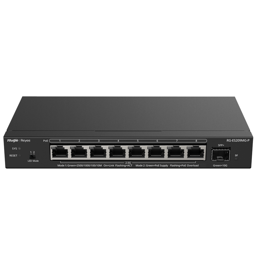 REYEE RG-ES209MG-P - Ruijie Reyee Cloud Managed L2 Switch - 8 Puertos Multi-Gigabit 2.5G PoE/PoE+ - 1 Ranura SFP+ de 10 Gbps para fibra óptica - Potencia PoE+ de 30W por puerto / Total 130W - Sistema PoE Watchdog para autoreinicio de cámaras - Gestión en - imagen 1