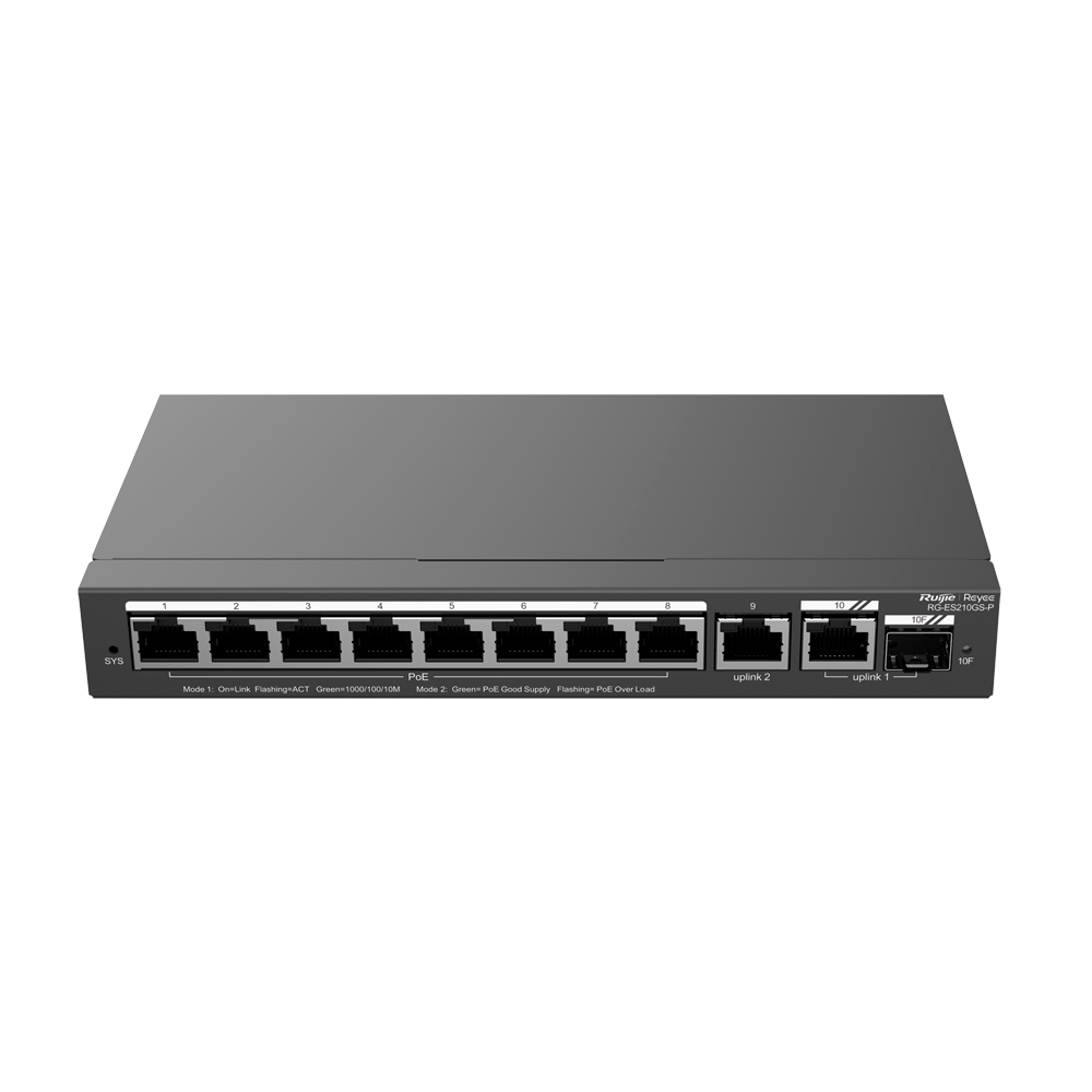 REYEE RG-ES210GS-P - Ruijie Reyee Cloud Managed L2 Switch - 8 Puertos Gigabit PoE/PoE+ + 1 Enlace Combo GE - Ranura SFP Gigabit para enlaces de fibra óptica - Potencia PoE+ de 30W por puerto / Total 120W - Sistema PoE Watchdog para autoreinicio de cámaras - imagen 1