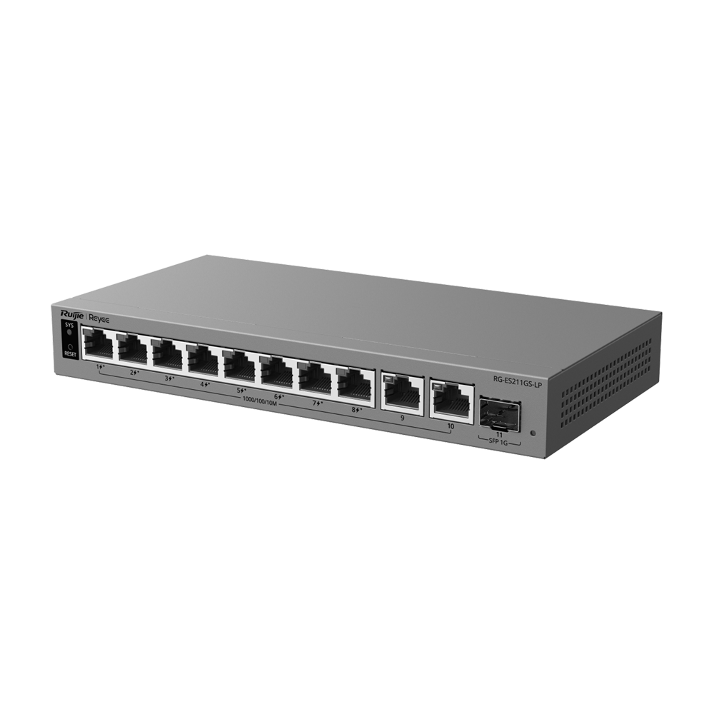 REYEE RG-ES211GS-LP - Ruijie Reyee Cloud Managed L2 Switch - 10 puertos Gigabit RJ45 y 1 ranura SFP - 8 puertos PoE/PoE+ con presupuesto de 70 W - Suministro PoE continuo y Watchdog inteligente - Chasis metálico de escritorio sin ventilador - Protección c - imagen 1