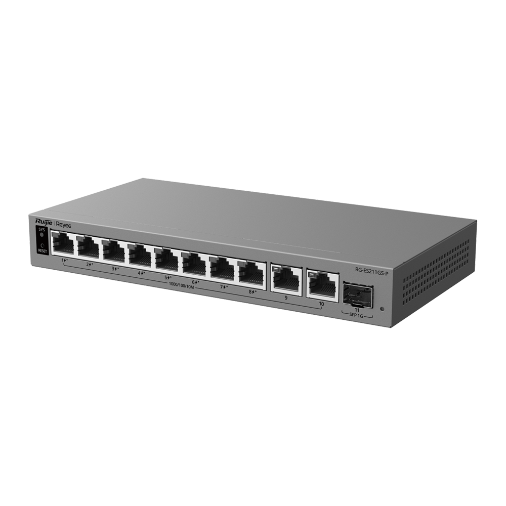 REYEE RG-ES211GS-P - Ruijie Reyee Cloud Managed L2 Switch - 10 puertos Gigabit RJ45 y 1 ranura SFP - 8 puertos con inyección PoE+ (Presupuesto 120W) - Suministro PoE continuo y Watchdog inteligente - Chasis metálico de escritorio sin ventilador - Protecci - imagen 1