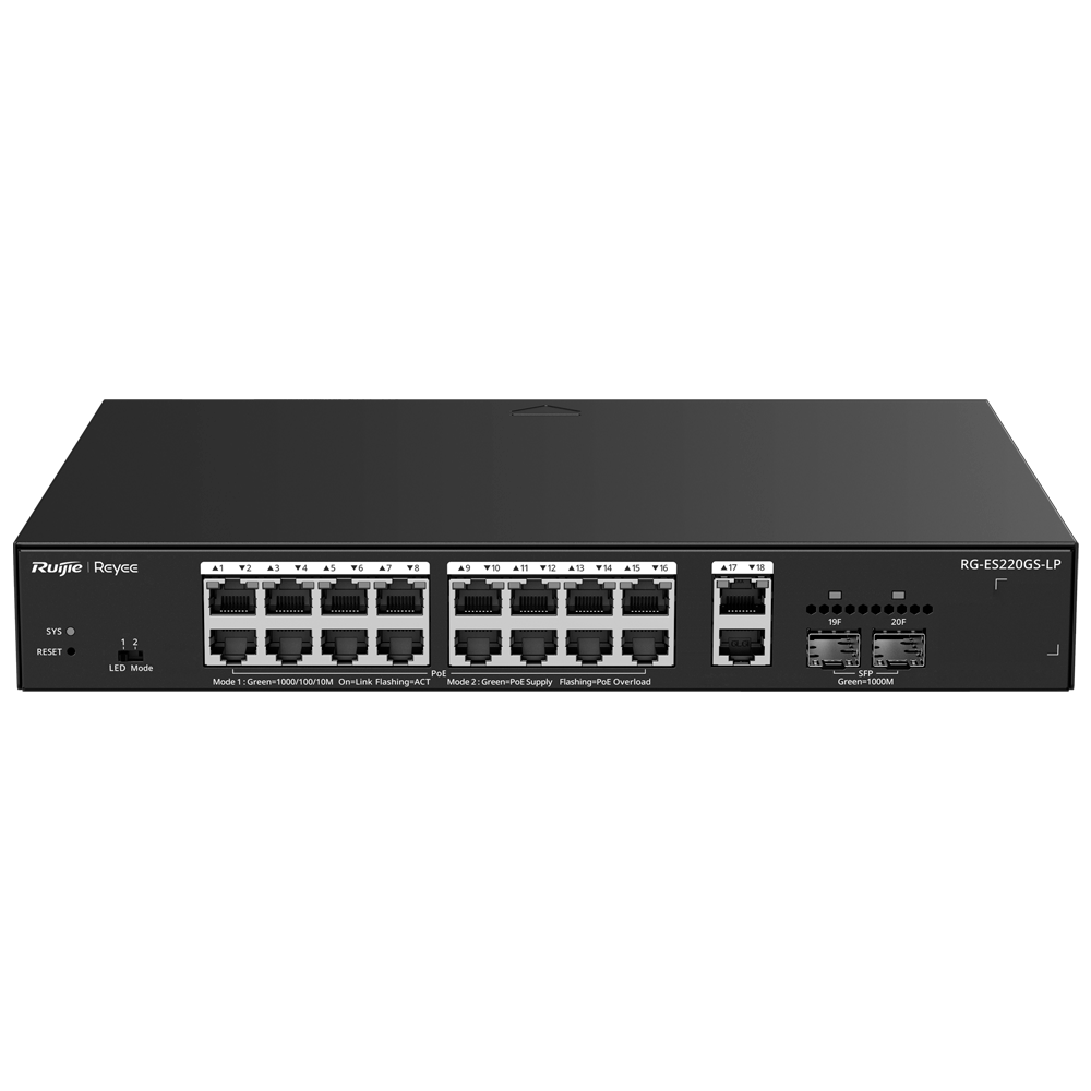 REYEE RG-ES220GS-LP - Ruijie Reyee Cloud Managed L2 Switch - 20 Puertos Totales (16 PoE+ / 2 Uplink / 2 SFP) - Enlaces de fibra SFP para distancias extensas - Potencia PoE+ estable de 30W / Total 130W - Sistema PoE Watchdog para autoreinicio de cámaras - imagen 1