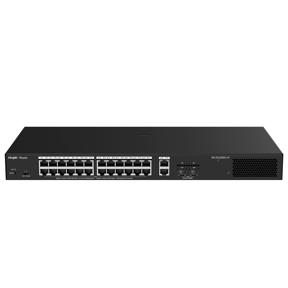 REYEE RG-ES228GS-LP - Ruijie Reyee Cloud Managed L2 Switch - 28 Puertos Totales (24 PoE+ / 2 Uplink / 2 SFP) - Enlaces de fibra SFP para distancias extensas - Potencia PoE+ estable de 30W / Total 250W - Sistema PoE Watchdog para autoreinicio de cámaras - imagen 1