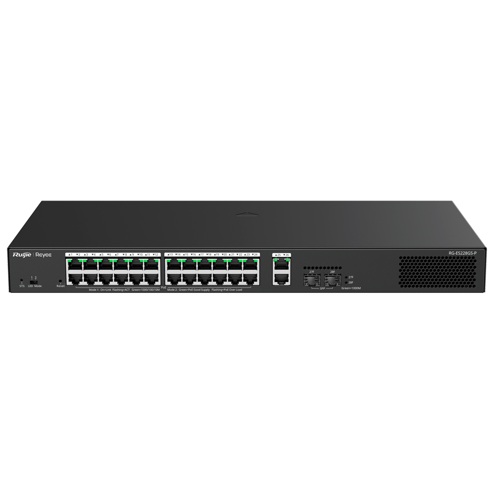 REYEE RG-ES228GS-P - Ruijie Reyee Cloud Managed L2 Switch - 28 Puertos Totales (24 PoE+ / 2 Uplink / 2 SFP) - Enlaces de fibra SFP para distancias extensas - Potencia PoE+ brutal de 30W / Presupuesto 370W - Sistema PoE Watchdog para autoreinicio de cámara - imagen 1