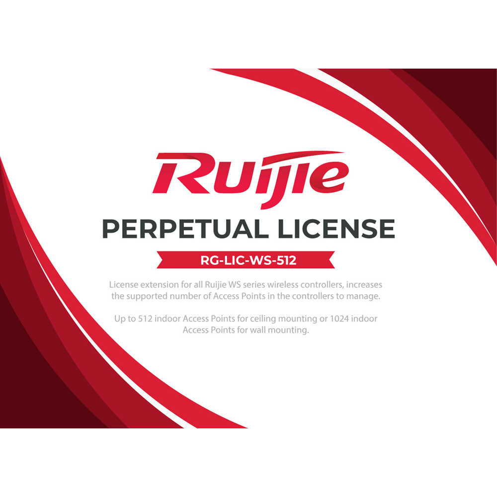 RUIJIE ENTERPRISE RG-LIC-WS-512 - Licencias para controladora Ruijie serie WS - Incrementa el número de APs gestionables - Hasta 512 APs estándar o 1024 APs de pared - Envío eléctronico - Licencia perpetua sin renovaciones
