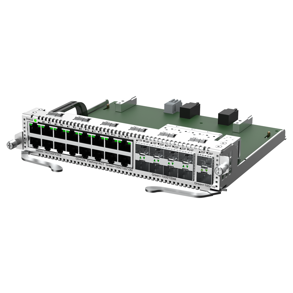 REYEE RG-M6000-16GT8SFP2XS - Ruijie Reyee Tarjeta de línea híbrida para chasis - 16 puertos RJ45 Gigabit para redes locales - 8 ranuras independientes 1GE SFP para fibra - 2 ranuras independientes de ultra velocidad 10G SFP+ - Conectores ópticos tipo LC p - imagen 1