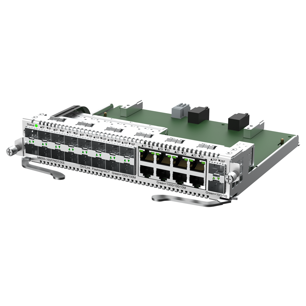 REYEE RG-M6000-16SFP8GT2XS - Ruijie Reyee Tarjeta de expansión mixta para chasis - Alta densidad SFP con 16 ranuras 1GE de fibra - 8 puertos de cobre RJ45 Gigabit de alta velocidad - 2 ranuras independientes de ultra velocidad 10G SFP+ - Conectores óptico - imagen 1