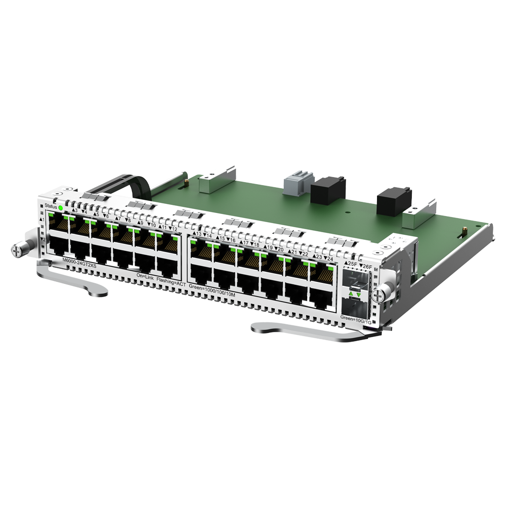 REYEE RG-M6000-24GT2XS - Funcionalidades (5 puntos / Máx. 48 caracteres por punto) - Ruijie Reyee Tarjeta de línea para chasis L3 - 24 puertos RJ45 Gigabit de alta densidad - 2 ranuras independientes de ultra velocidad 10G SFP+ - Conectores ópticos tipo L