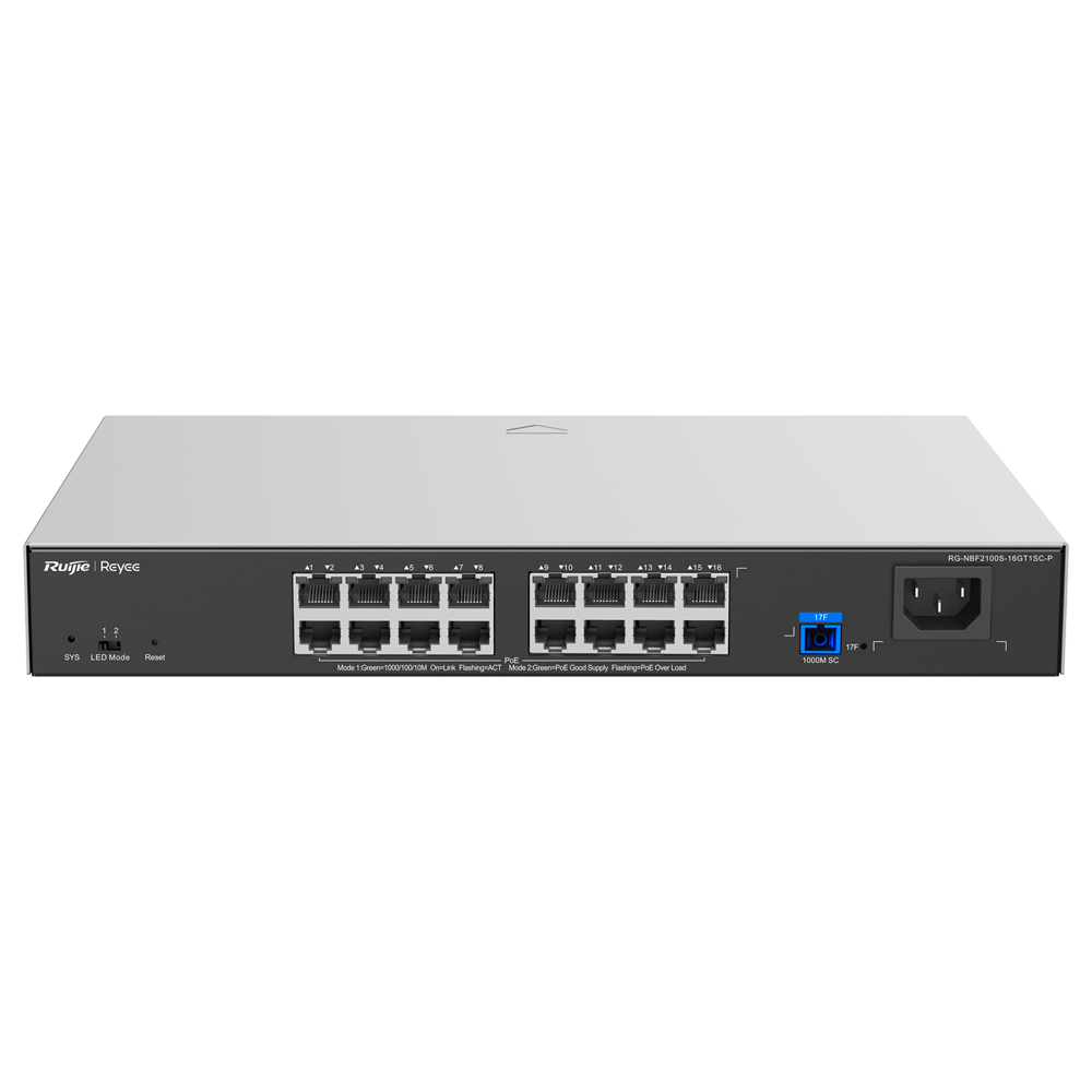 REYEE RG-NBF2100S-16GT1SC-P - Reyee E-Lighten Switch PoE Cloud Capa 2 - 16 puertos RJ45 Gigabit 802.3af/at - 1 Puerto óptico SC 1G (PON) - 30W por puerto 802.3af/at / Máximo 240W - VLAN/Port Isolation/Loop Prevention - DHCP Snooping/Port Mirroring - imagen 1