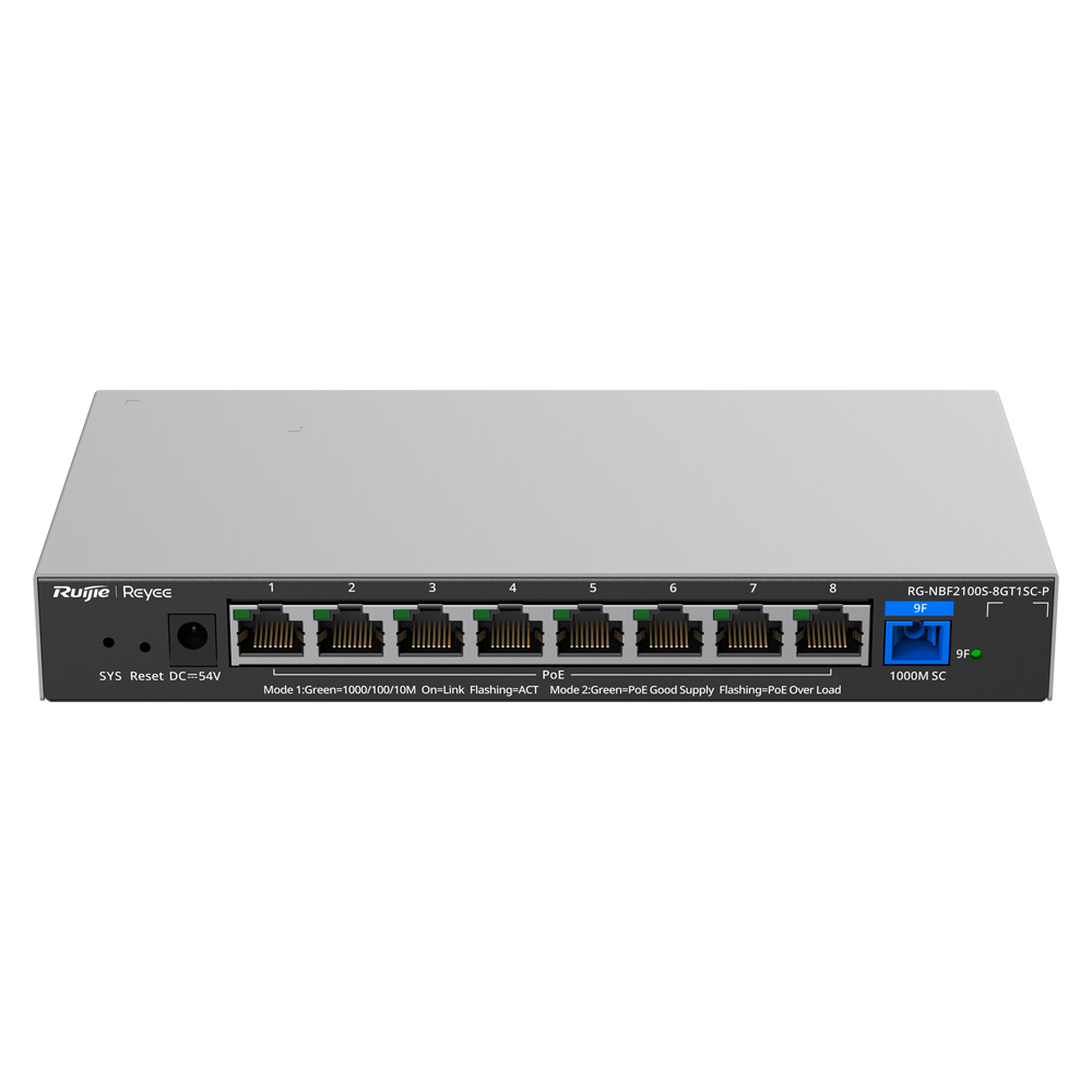 REYEE RG-NBF2100S-8GT1SC-P - Reyee E-Lighten Switch PoE Cloud Capa 2 - 8 puertos RJ45 Gigabit 802.3af/at - 1 Puerto óptico SC 1G (PON) - 30W por puerto 802.3af/at / Máximo 120W - VLAN/Port Isolation/Loop Prevention - DHCP Snooping/Port Mirroring - imagen 1