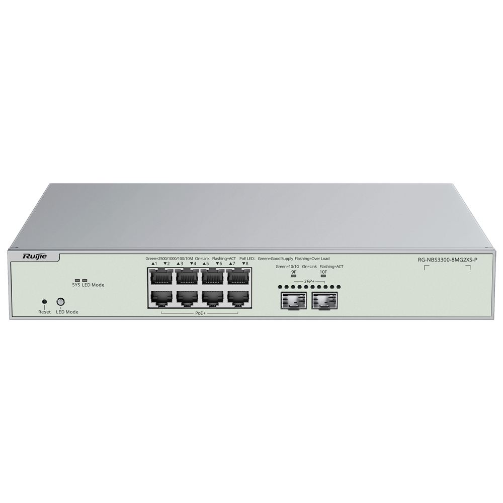 REYEE RG-NBS3300-8MG2XS-P - Ruijie Reyee Cloud Managed L2+ Switch - 8 Puertos Multi-Gigabit 2.5G con PoE/PoE+ total - 2 Ranuras SFP+ de 10 Gbps para enlaces de fibra - Potencia PoE+ de 30W por puerto / Total 240W - Enrutamiento estático de Capa 3 (IPv4 / - imagen 1