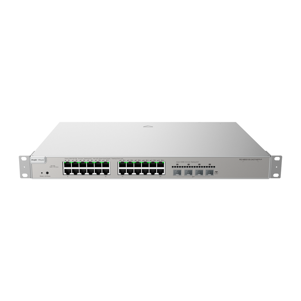 REYEE RG-NBS5100-24GT4SFP-P - Ruijie Reyee Cloud Managed L3 Switch - 24 Puertos Gigabit PoE/PoE+ + 4 Enlaces SFP - Ranuras SFP independientes para fibra óptica - Potencia PoE+ de 30W por puerto / Total 370W - Enrutamiento dinámico Capa 3: OSPFv2 y OSPFv3 - imagen 1