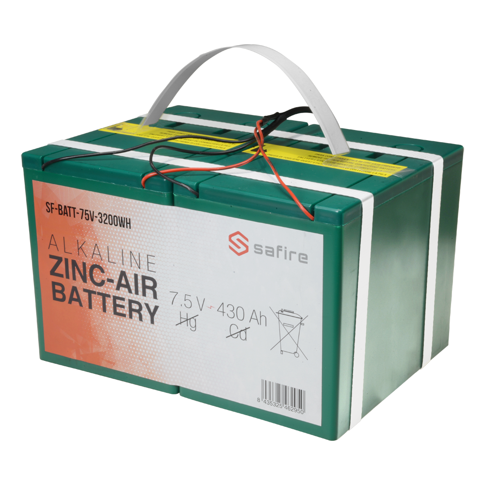 SAFIRE SF-BATT-75V-3200WH - Batería zinc-aire - Voltaje 7.5 V / Capacidad 3200 Wh - Triple conector DC: Jack, mini USB y mólex - Longitud cable 2 m - Compatible con Ajax y RSI Videofied - 158 (Al) x 260 (An) x 188 (Fo) mm / 7.6 Kg - imagen 1