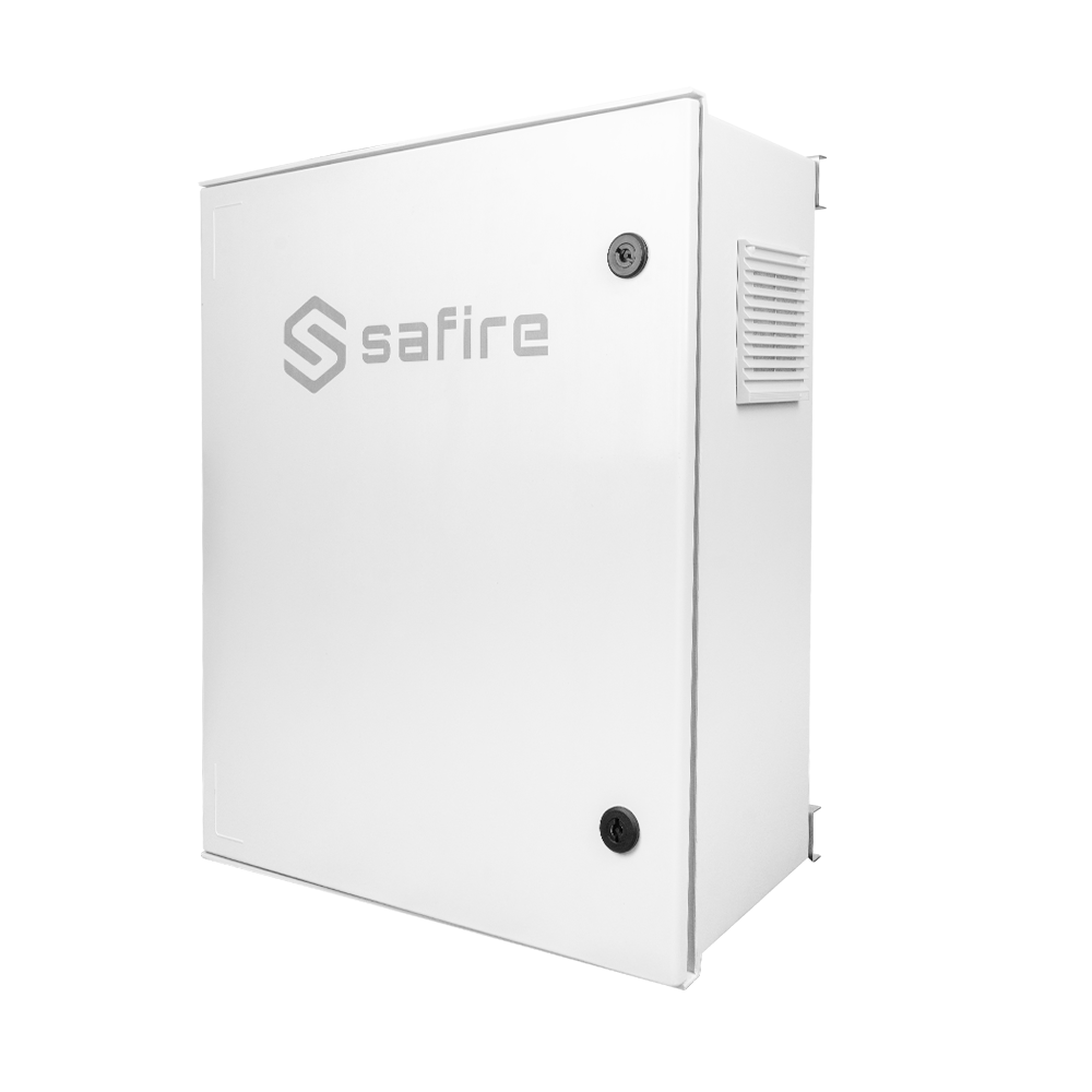 SAFIRE SF-BOX6050AC8POE-LITIO - Armario de poliéster carga rápida para farola - Diferencial, magnetotérmico y SPD - Dimensiones exteriores 60x50x23cm - Switch 8 puertos POE | Bandeja fusión de fibra - Grado de protección IP55 / Carril DIN - Carga rápida 1 - imagen 1