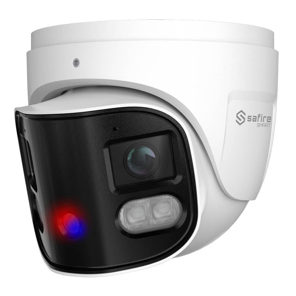 SAFIRE SMART SF-IPT180A-8I1-SL - Safire Smart - Cámara Turret IP gama I1 panorámica disuasoria - Resolución 8 Megapíxel (4640x1760) - Lente 2x2.8 mm (180º) | Metadatos de vídeo - AI: Clasificación de humano y vehículo - IP66 | PoE.af | Altavoz y flash pol