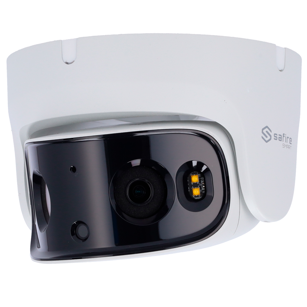 SAFIRE SMART SF-IPT180CA-8I1-SL - Safire Smart - Cámara Turret IP gama I1 panorámica - Resolución 8 Megapíxel (4320x1680) - Lente 2x2.8 mm (180º) | Altavoz disuasorio - AI: Clasificación de humano y vehículo - Impermeabilidad IP67 | PoE (IEEE802.3af) - imagen 1