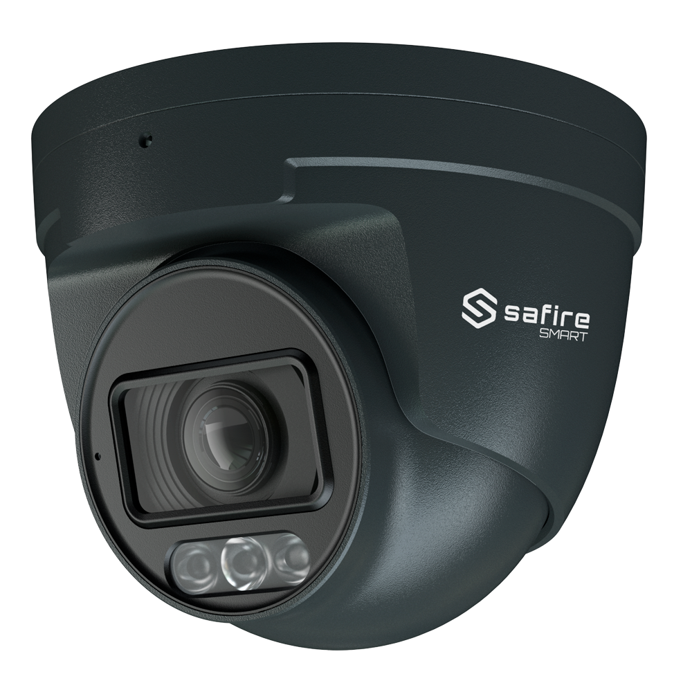 SAFIRE SMART SF-IPT511ZA-4E1-DL-GREY - Safire Smart - Cámara Turret IP gama E1 AI - Resolución 4 Megapíxel (2566x1440) - Lente Motorizada 2.8~12mm | IR&amp;Led hasta 50m - AI: Clasificación de humano y vehículo - Impermeabilidad IP67 | PoE (IEEE802.3af) |