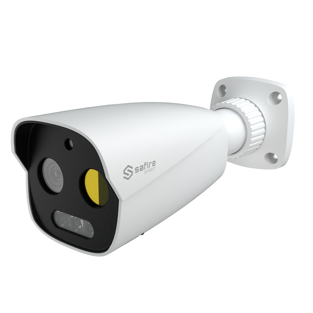 SAFIRE SMART SF-IPTB256A-3D5 - Cámara térmica Dual Bullet IP Safire Smart - Sensor térmico 256x192 VOx | Lente 3.2 mm - Sensor óptico 1/2.7” 5 Mpx | Lente 4 mm - Sensibilidad térmica ≤ 50mK - AI basado en clasificación de humano y vehículo - Rango medició