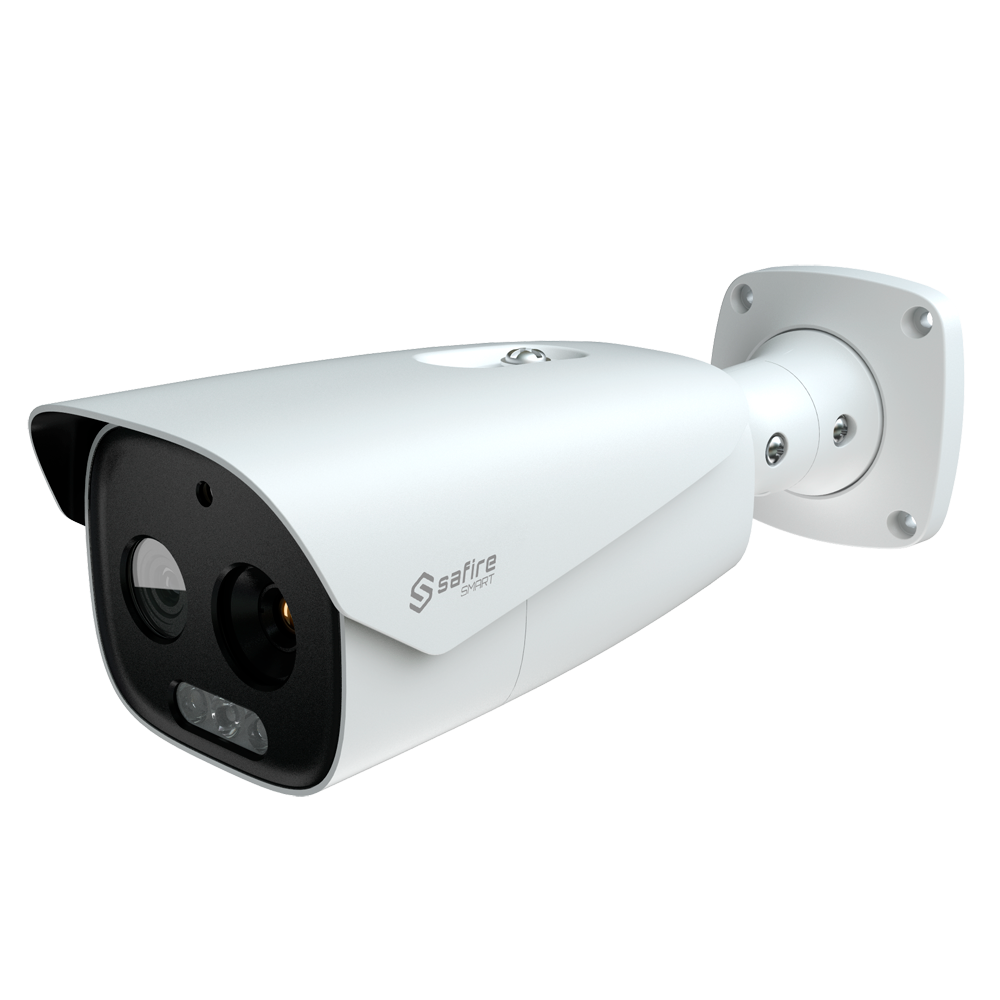 SAFIRE SMART SF-IPTB384A-19D5 - Cámara térmica Dual Bullet IP Safire Smart - Sensor térmico 12 μm 384x288 VOx | Lente 19 mm - Sensor óptico 1/2.7” 5 Mpx | Lente 16 mm - Sensibilidad térmica ≤ 35mK - AI basado en clasificación de humano y vehículo - Rango