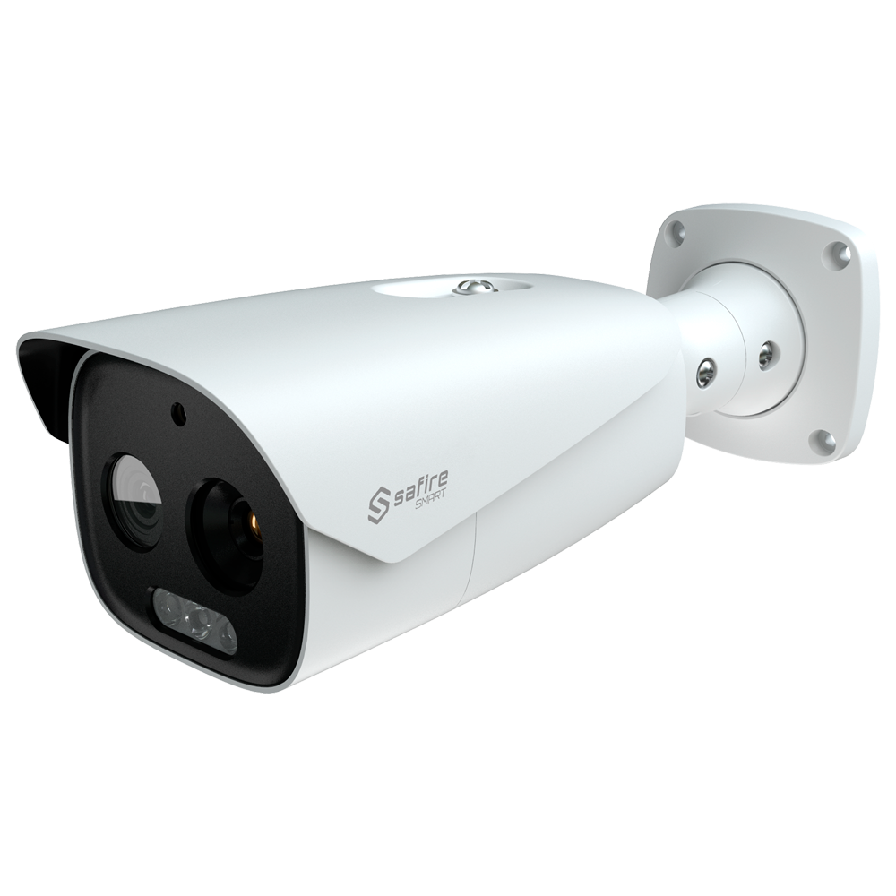 SAFIRE SMART SF-IPTB640A-25D5 - Cámara térmica Dual Bullet IP Safire Smart - Sensor térmico 12 μm 640x512 VOx | Lente 25 mm - Sensor óptico 1/2.7” 5 Mpx | Lente 12 mm - Sensibilidad térmica ≤ 35mK - AI basado en clasificación de humano y vehículo - Rango