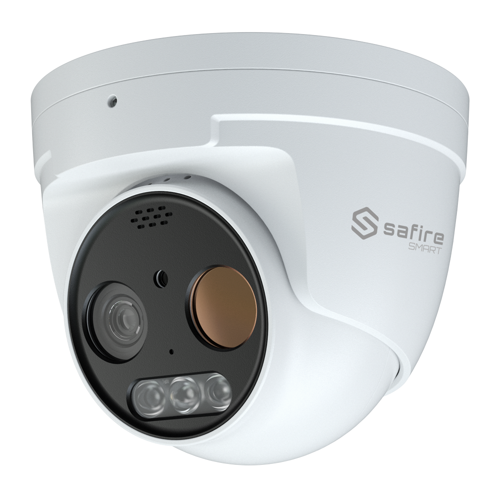 SAFIRE SMART SF-IPTT256A-7D5 - Cámara térmica Dual IP Turret Safire Smart - Sensor térmico 256x192 VOx | Lente 7 mm - Sensor óptico 1/2.7” 5 Mpx | Lente 8 mm - Sensibilidad térmica ≤ 50mK - AI basado en clasificación de humano y vehículo - Rango medición