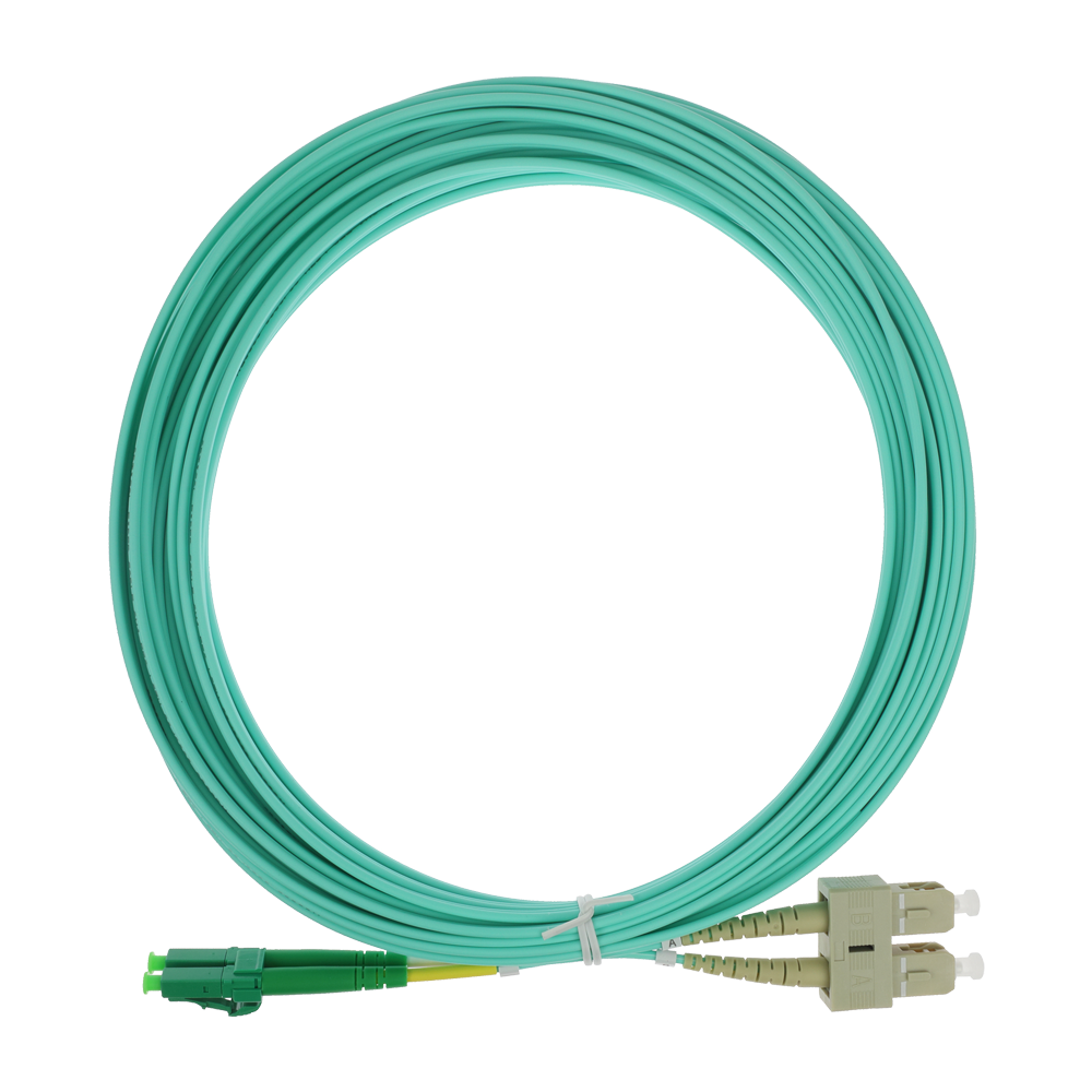SAFIRE SF-LC-APC-SC-UPC-OM4-DX-10M - Cable de conexión de fibra óptica dúplex - Fibra multimodo OM4 de alta velocidad - Conectores híbridos LC APC y SC UPC - Longitud exacta de 10 metros - Cubierta exterior LSZH color Aqua - Compatibilidad de uso genérica - imagen 1
