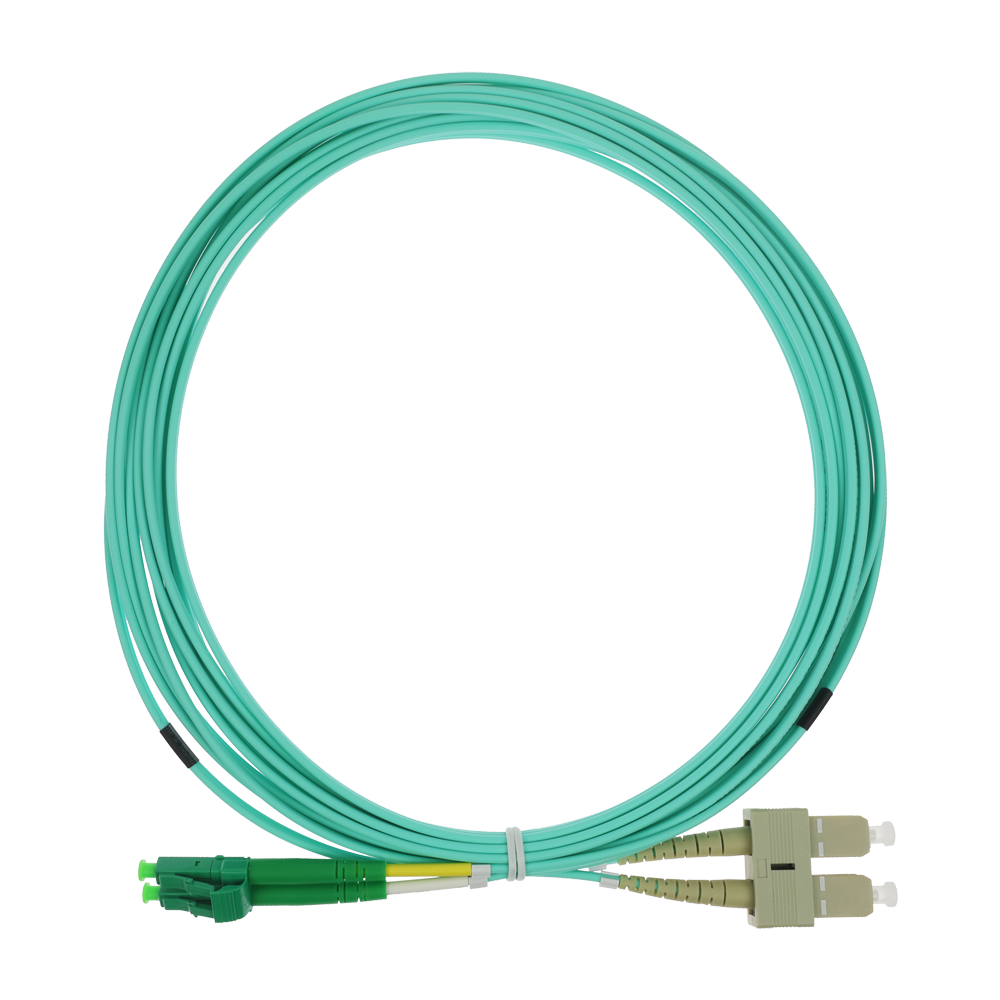 SAFIRE SF-LC-APC-SC-UPC-OM4-DX-5M - Cable de conexión de fibra óptica dúplex - Fibra multimodo OM4 de alta velocidad - Conectores híbridos LC APC y SC UPC - Longitud exacta de 5 metros - Cubierta exterior LSZH color Aqua - Compatibilidad de uso genérica u - imagen 1
