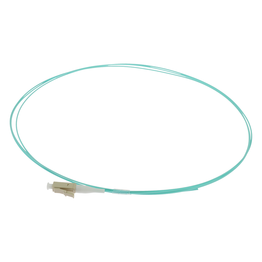 SAFIRE SF-LC-UPC-OM4-0015M-D09-A - Pigtail de fibra óptica simplex - Fibra multimodo OM4 de alta velocidad - Conector LC con pulido UPC - Diámetro ultrafino de 0.9 mm (tight buffer) - Longitud exacta de 1.5 metros - Cubierta exterior LSZH color Aqua - imagen 1
