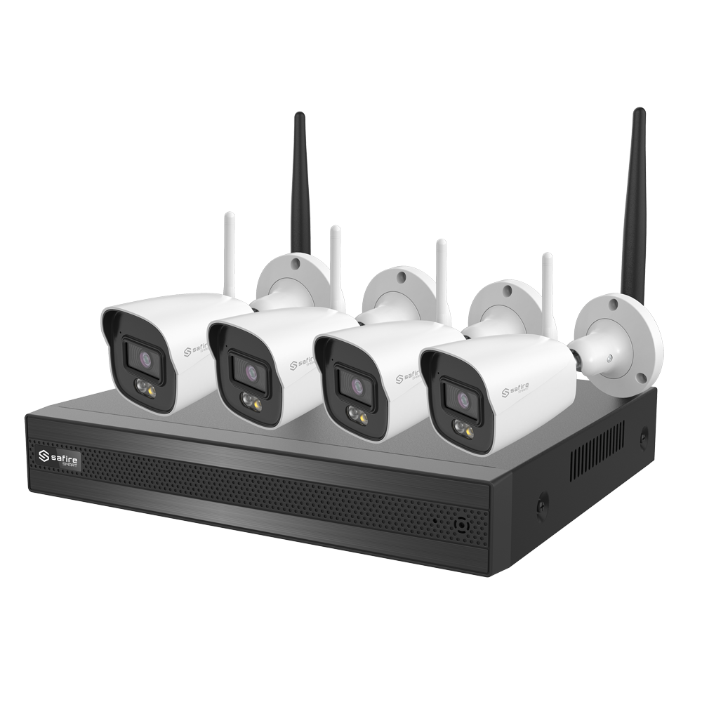 SAFIRE SMART SF-NVRKIT0108-4BCAMWIFI - Kit CCTV inalámbrico Plug&amp;Play - 4 Cámaras Bullet de 4Mpx luz dual para exterior - 1 NVR de 8CH y espacio para 1HDD - WiFi Cascada - Inteligencia artificial de humano y vehículo - Compatible con Safire Smart APP
