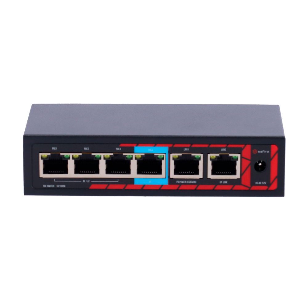 SAFIRE SF-POE-EXT0604-60 - Extensor PoE Safire. - Soporta estándares modernos IEEE 802.3af/at/bt. - Dispone de 6 puertos RJ45 (2 Uplink / 4 PoE). - Suministro de potencia masiva de hasta 60 W. - Transferencia de datos a velocidad de 10/100M. - Función int - imagen 1