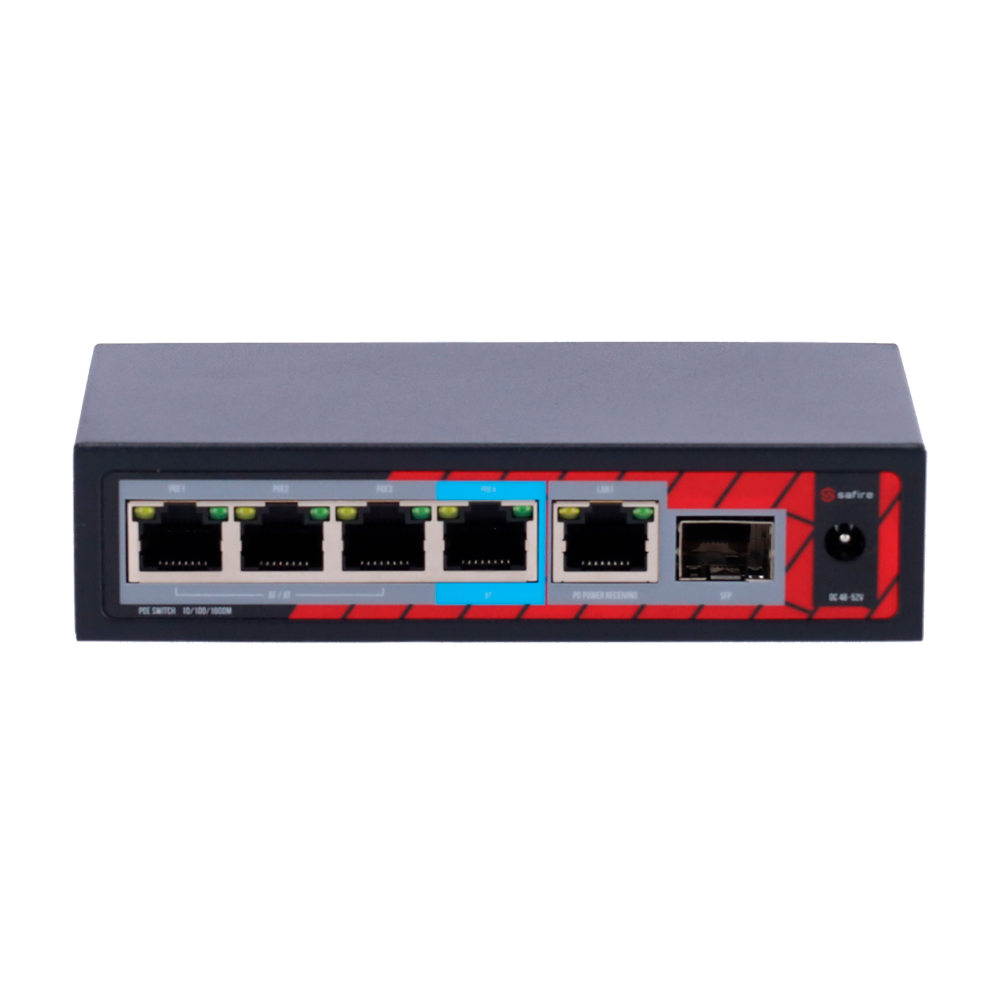 SAFIRE SF-POE-EXT0604-GF-60 - Extensor PoE Safire. - Soporta estándares modernos IEEE 802.3af/at/bt. - Dispone de 6 puertos (4 PoE / 1 Uplink / 1 SFP). - Suministro de potencia masiva de hasta 60 W. - Transferencia de datos Gigabit 10/100/1000M. - Función - imagen 1