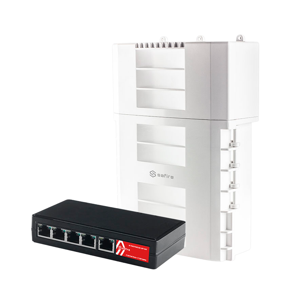 SAFIRE SF-POEXT5GE1GE-1BT-OUT - Safire Extensor PoE de Exterior - Amplía la alimentación PoE hasta 500m (Cascada) - 4 puertos PoE Out + 1 Uplink RJ45 PoE In - IEEE 802.3 af/at/bt - Potencia de salida máxima 60 W - Puertos 10/100/1000 Mbps