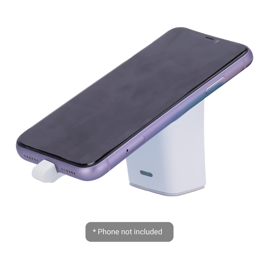 SAFIRE SF-SECURITYSTAND101-LIGHTNING - Soporte con alarma antihurto EAS - Apto para teléfonos móviles - Conexión con cable Lightning (iPhone) - Alarma acústica de 100 db y luminosa - Alimentación DC 5 V con batería incorporada - Dimensiones: 50 (An) x 78 - imagen 1