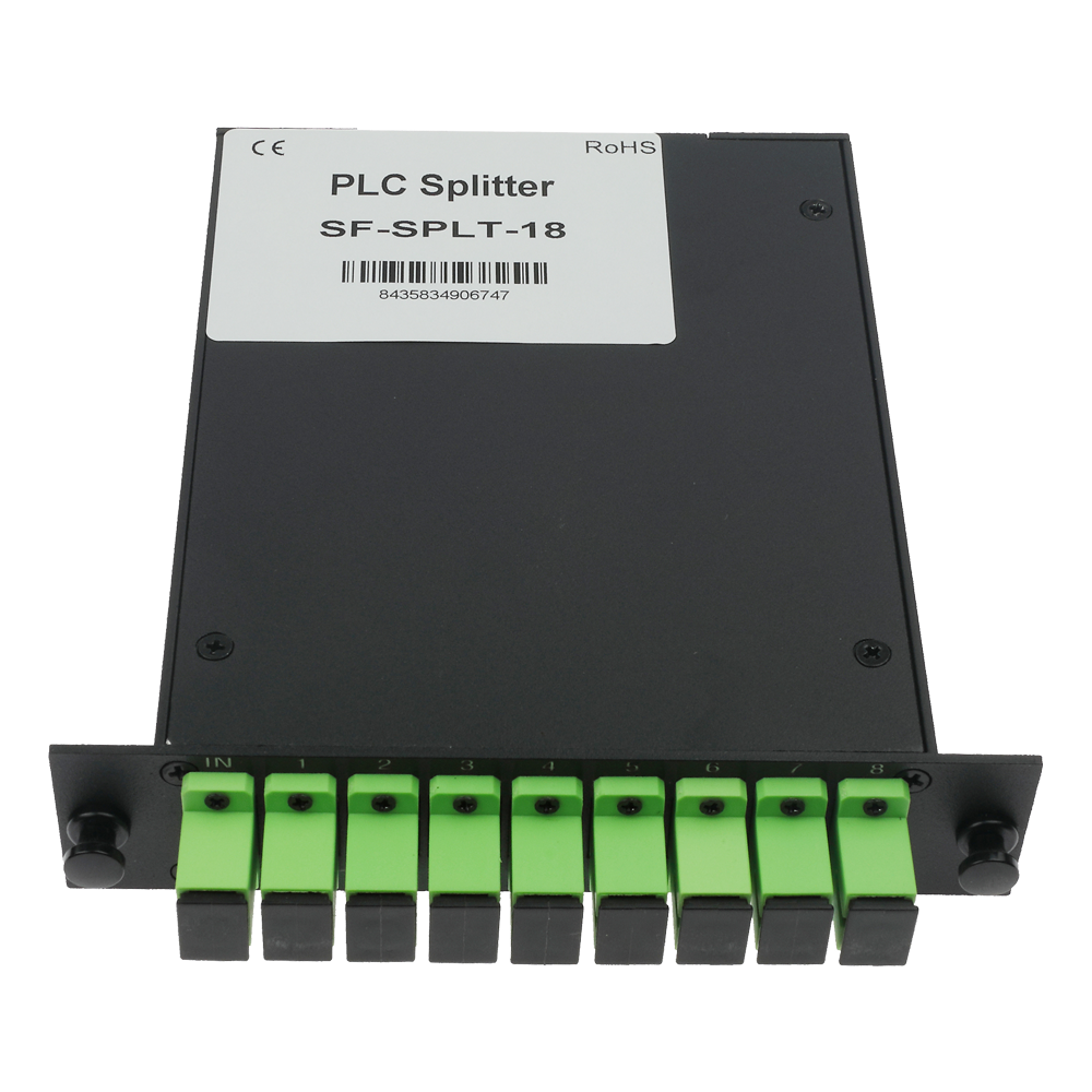MARCA BLANCA SF-SPLT-18 - Splitter óptico PLC de alta precisión - Configuración 1x8 (1 entrada, 8 salidas) - Fibra monomodo G657A2 de alto rendimiento - Conectores SC APC de baja pérdida integrados - Formato en casete modular compacto y robusto - Superfic - imagen 1