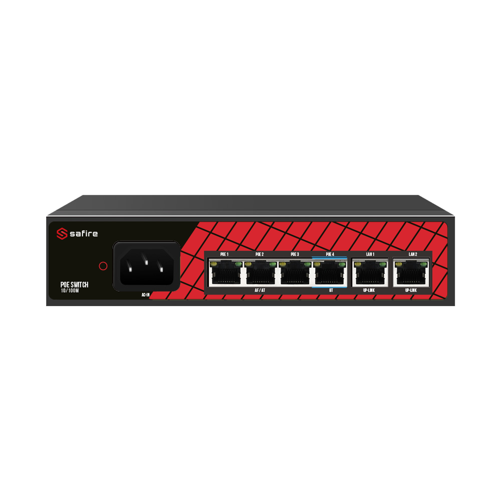 SAFIRE SF-SW0604HIPOE-60 - Safire Switch Hi-PoE - 4 puertos PoE + 2 Uplink RJ45 - Velocidad de puertos 10/100Mbps - 3 Puertos PoE+ 30W + 1 Puerto Hi-PoE 60W - Potencia PoE total de 60W / PoE Watchdog - Auto Adaption PoE Extendido Hasta 250m
