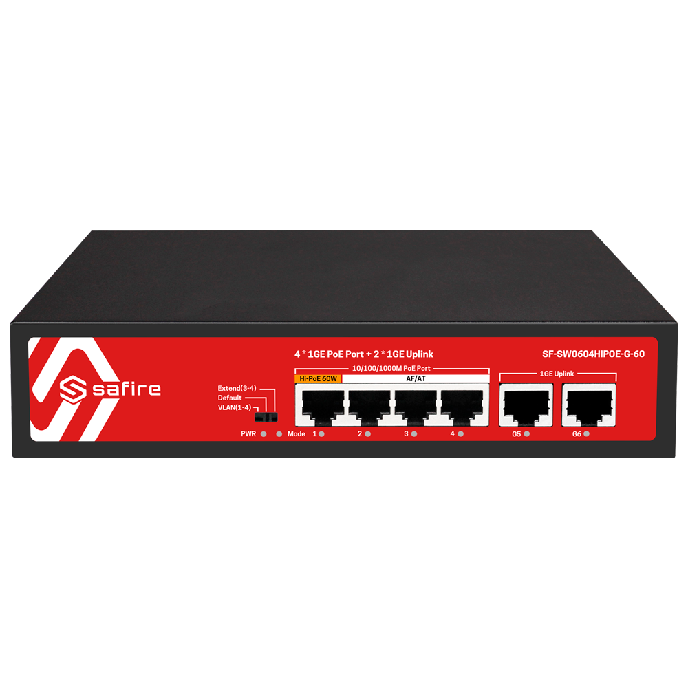 SAFIRE SF-SW0604HIPOE-G-60 - Safire Switch PoE - 4 puertos PoE + 2 Uplink RJ45 - Velocidad de puertos 10/100/1000 Mbps - 1 puerto PoE++ y 3 Puertos PoE+ 30W - Potencia PoE total de 60W - PoE Watchdog / Auto PoE Extendido Hasta 250m - imagen 1