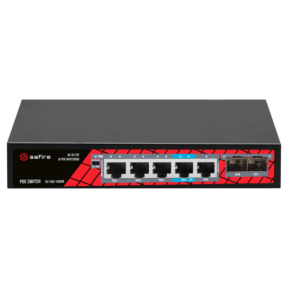 SAFIRE SF-SW0704HIPOE-GMF-65 - Safire Switch PoE - 4 puertos PoE + 1 Uplink RJ45 + 2 SFP (1G/2,5G) - Velocidad de puertos 10/100/1000 Mbps - 4 Puertos PoE+ 30W ( puerto 4 hasta 60w ) - Potencia PoE total de 65W - PoE Watchdog / Auto PoE Extendido Hasta 13 - imagen 1