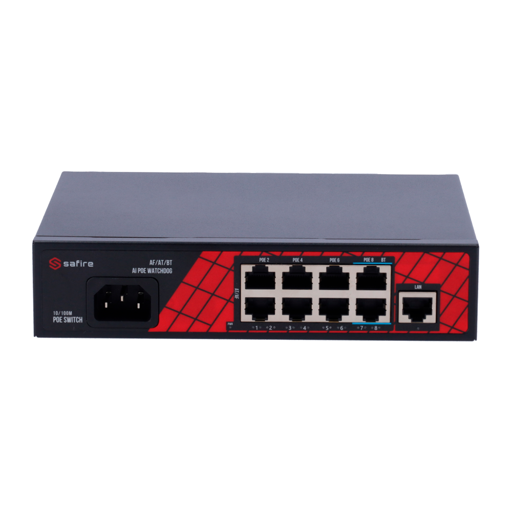 SAFIRE SF-SW0908HIPOE-120 - Safire Switch Hi-PoE - 8 puertos PoE + 1 Uplink RJ45 - Velocidad de puertos 10/100Mbps - 6 Puertos PoE+ 30W + 2 Puertos Hi-PoE 60W - Potencia PoE total de 120W / PoE Watchdog - Auto Adaption PoE Extendido Hasta 250m - imagen 1