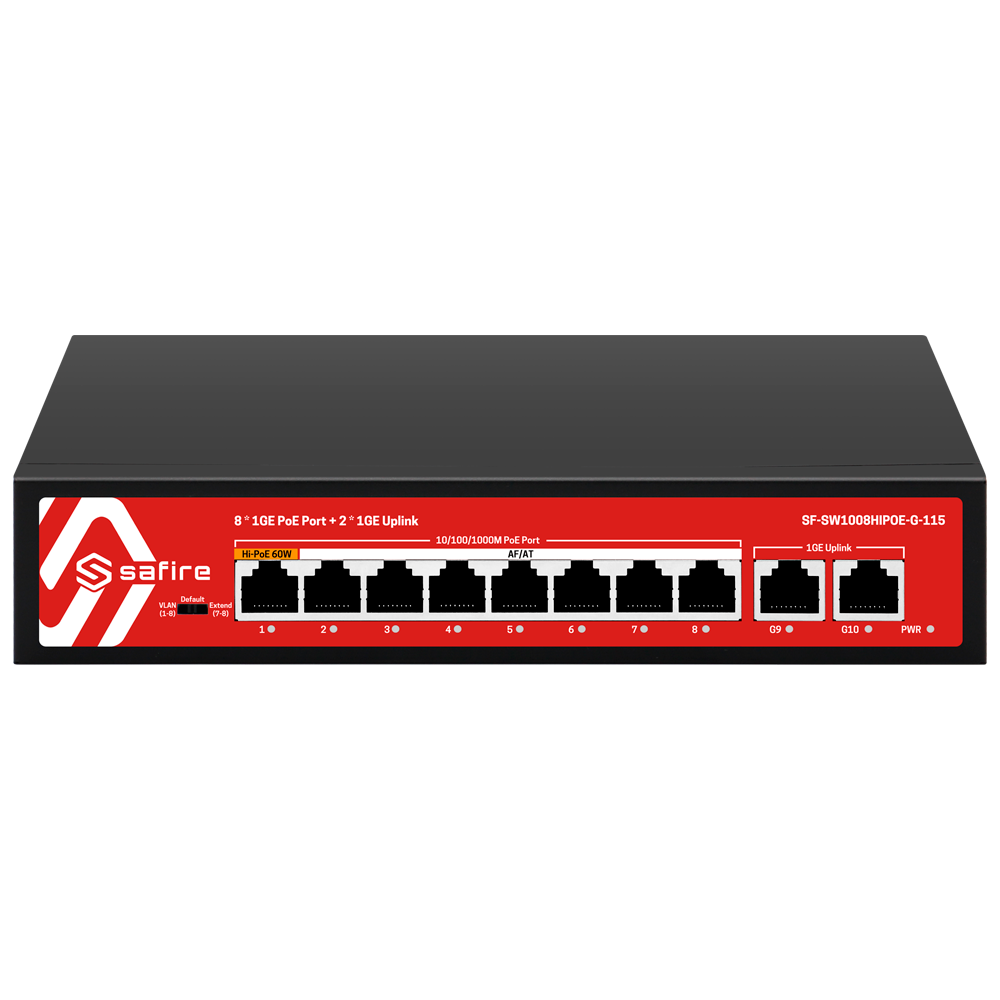 SAFIRE SF-SW1008HIPOE-G-115 - Safire Switch Hi-PoE - 8 puertos PoE + 2 Uplink RJ45 - 10x 10/100/1000Mbps - 7 Puertos PoE+ 30W + 1 Puertos Hi-PoE 60W - PoE Watchdog - Hasta 115W Potencia PoE total - imagen 1