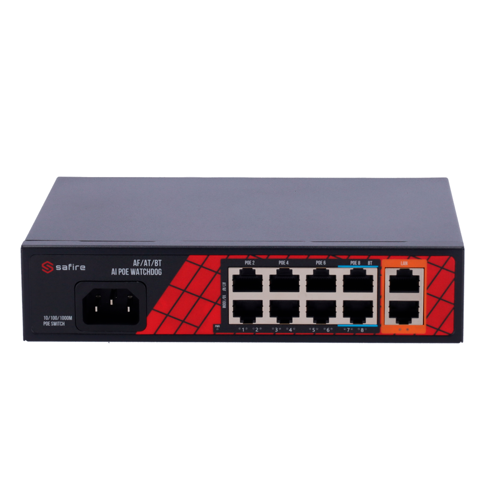 SAFIRE SF-SW1008HIPOE-H-120 - Safire Switch Hi-PoE - 8 puertos PoE + 2 Uplink RJ45 - Hibrido 8x10/100Mbps + 2x10/100/1000Mbps - 6 Puertos PoE+ 30W + 2 Puertos Hi-PoE 60W - PoE Watchdog - Hasta 120W Potencia PoE total - imagen 1