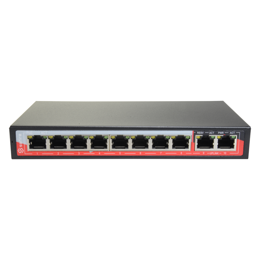 SAFIRE SF-SW1008POE-96 - Switch PoE - 8 puertos PoE + 2 Uplink RJ45 - Velocidad 10/100 Mbps - Funciones: Ai VLan/QOS/CCTV Extend/PoE - Norma IEEE802.3af (PoE) / at (PoE+) - Hasta 96W en total para todos los puertos - imagen 1