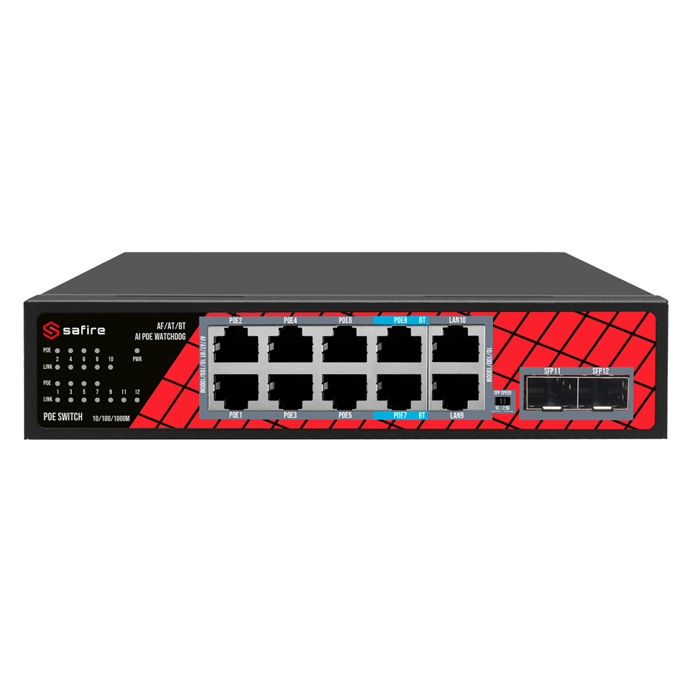 SAFIRE SF-SW1208HIPOE-GMF-120 - Safire Switch Hi-PoE - 8 puertos PoE + 2 SFP + 2 RJ45 - Velocidad de puertos Gigabit 10/100/1000Mbps - 6 Puertos PoE+ 30W + 2 Puertos Hi-PoE 60W - PoE Watchdog - Hasta 120W Potencia PoE total - imagen 1